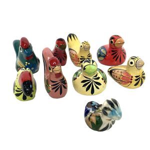Lot of 9 Mexican Folk Art Mini Ceramic Birds Hand Painted Pottery Figurines